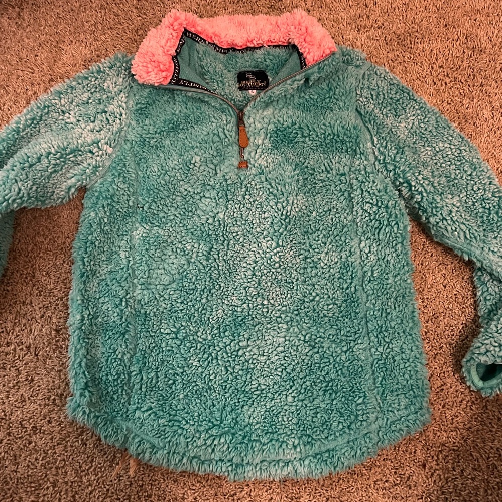simply southern teal and pink sherpa jacket